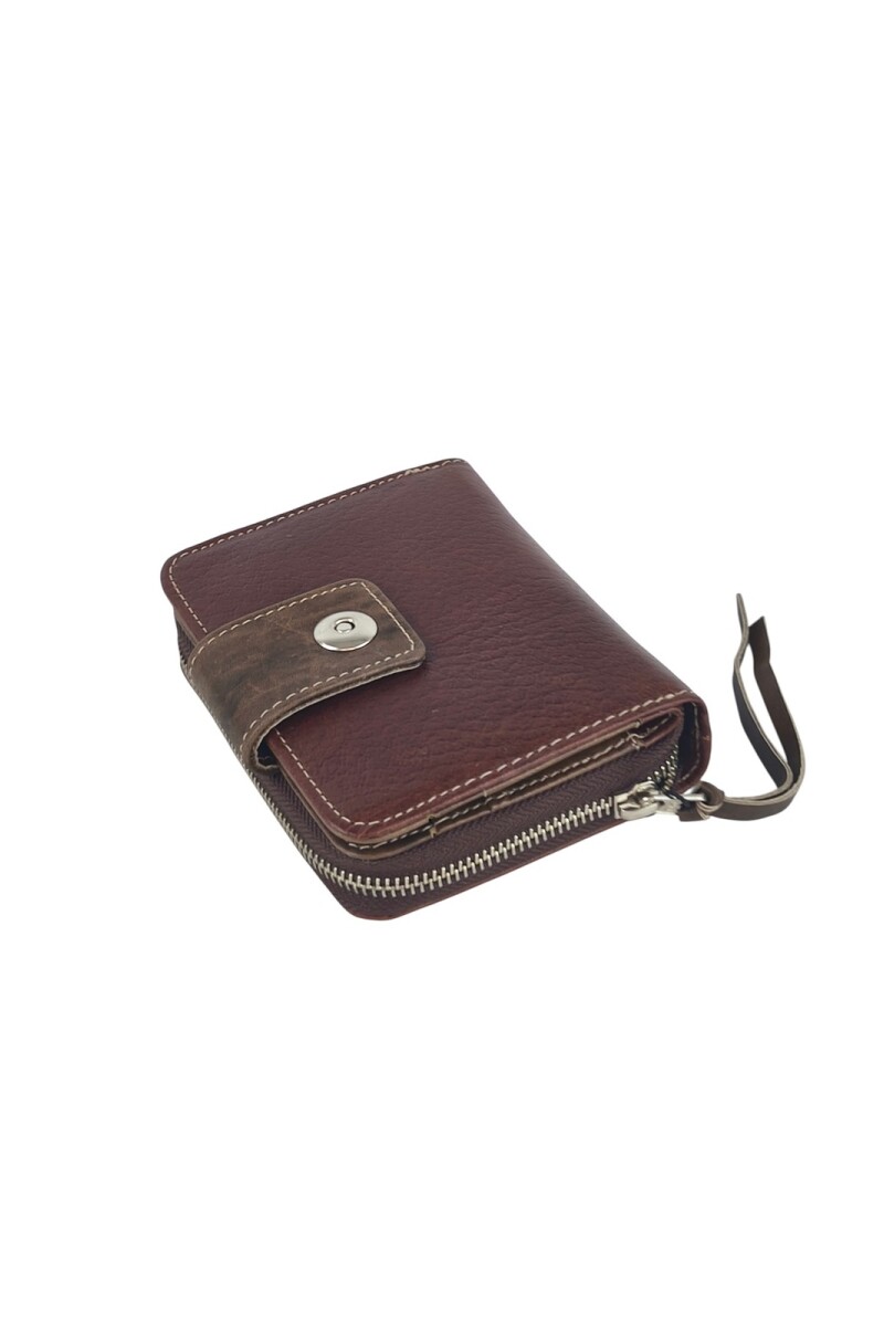 Billetera Monedero Cuero Genuino | Compacta, Cremallera y Broche Magnético Marrón