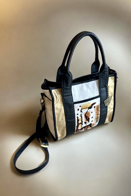 Cartera Tali De Cuero Blanca Y Negra Con Dorado Y Arte Pintado A Mano Cartera Tali De Cuero Blanca Y Negra Con Dorado Y Arte Pintado A Mano
