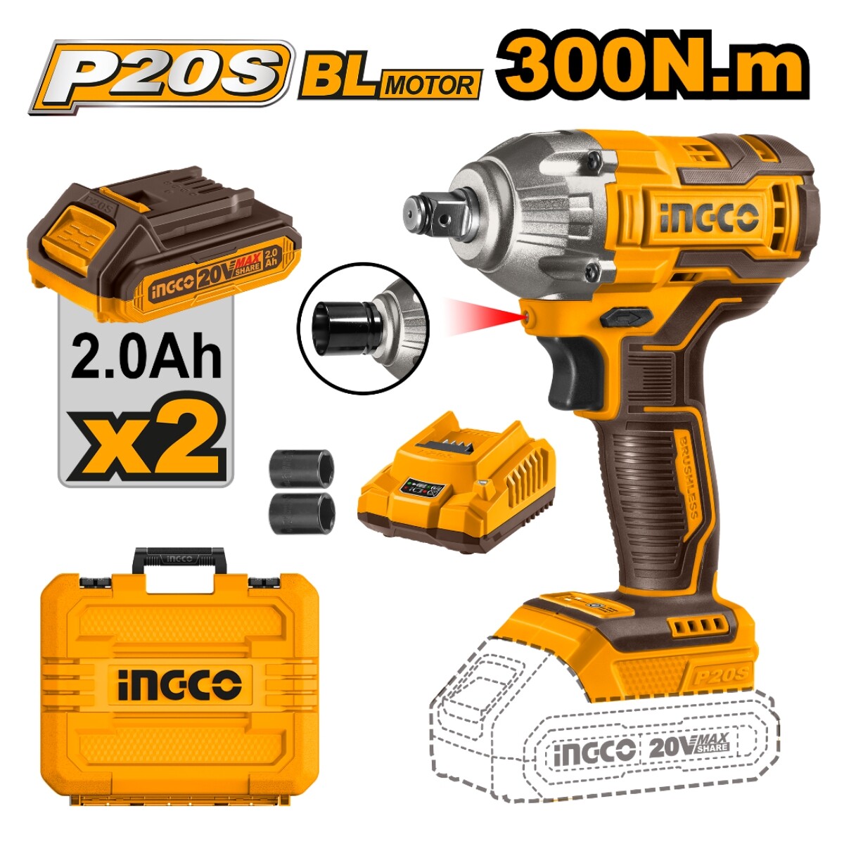 Llave de Impacto Ingco CIWLI2038 300NM a Bateria P20S 