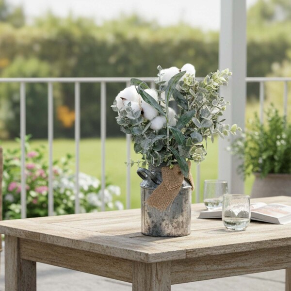 Planta Algodón Decoración Artificial Maceta Balde Metal Color Verde