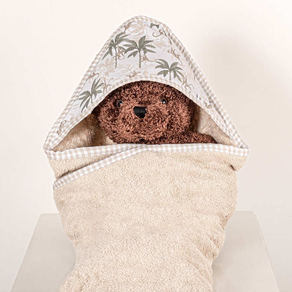 Toalla con Capucha Monitos Borde Cuadritos y Beige