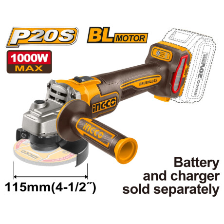 Amoladora Angular INGCO a Bateria 20V P20S Brushless Motor 115MM CAGLI27153 No incluye Bateria ni Cargador