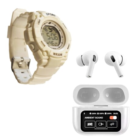 Kit Reloj Waterproof Unisex + Auriculares A9 PRO BT Táctil Blanco
