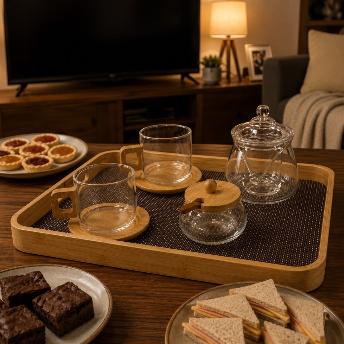 Combo ''Merienda y Te'' Set 2 Mug de Vidrio Base Bambú, Tetera de Vidrio, Azucarero de Vidrio Y Bandeja Rectangular Simil Rattán 