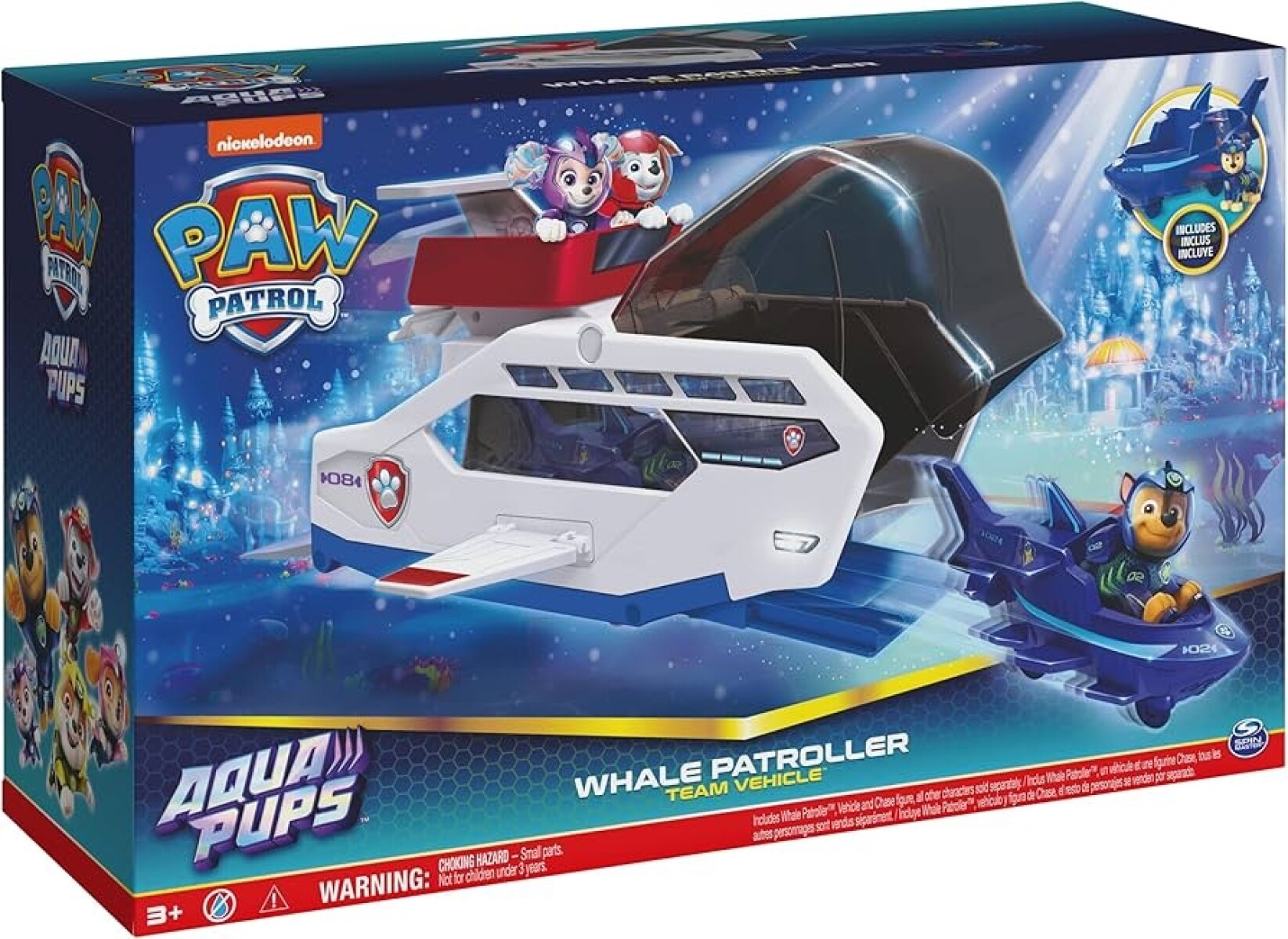Paw Patrol Aqua Pups - Vehículo de equipo de patrullero de ballenas con figura de acción Chase 