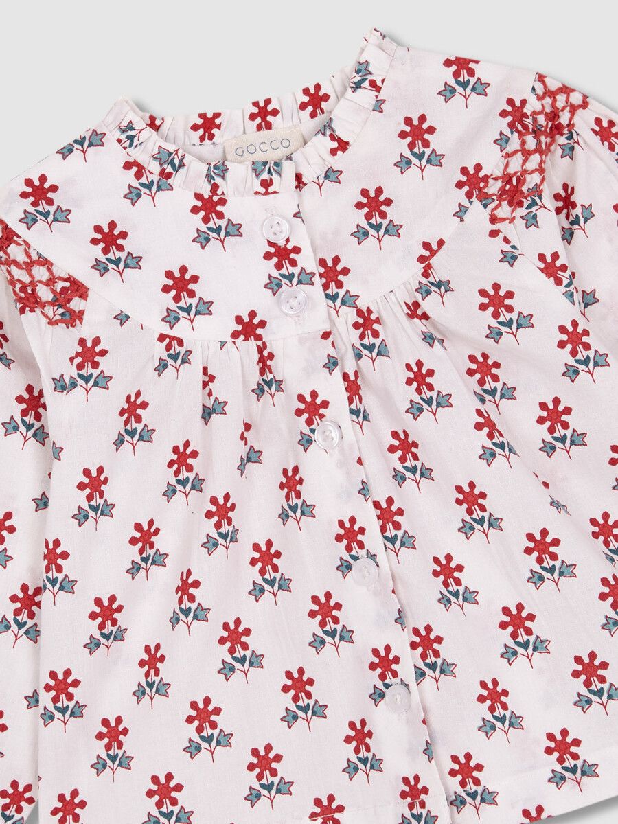 Camisa Estampada Con Bordado En Hombro Blanco Roto