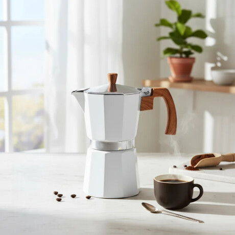 Cafetera Italiana De Aluminio 300ml 6 Tazas Blanco Madera Blanco