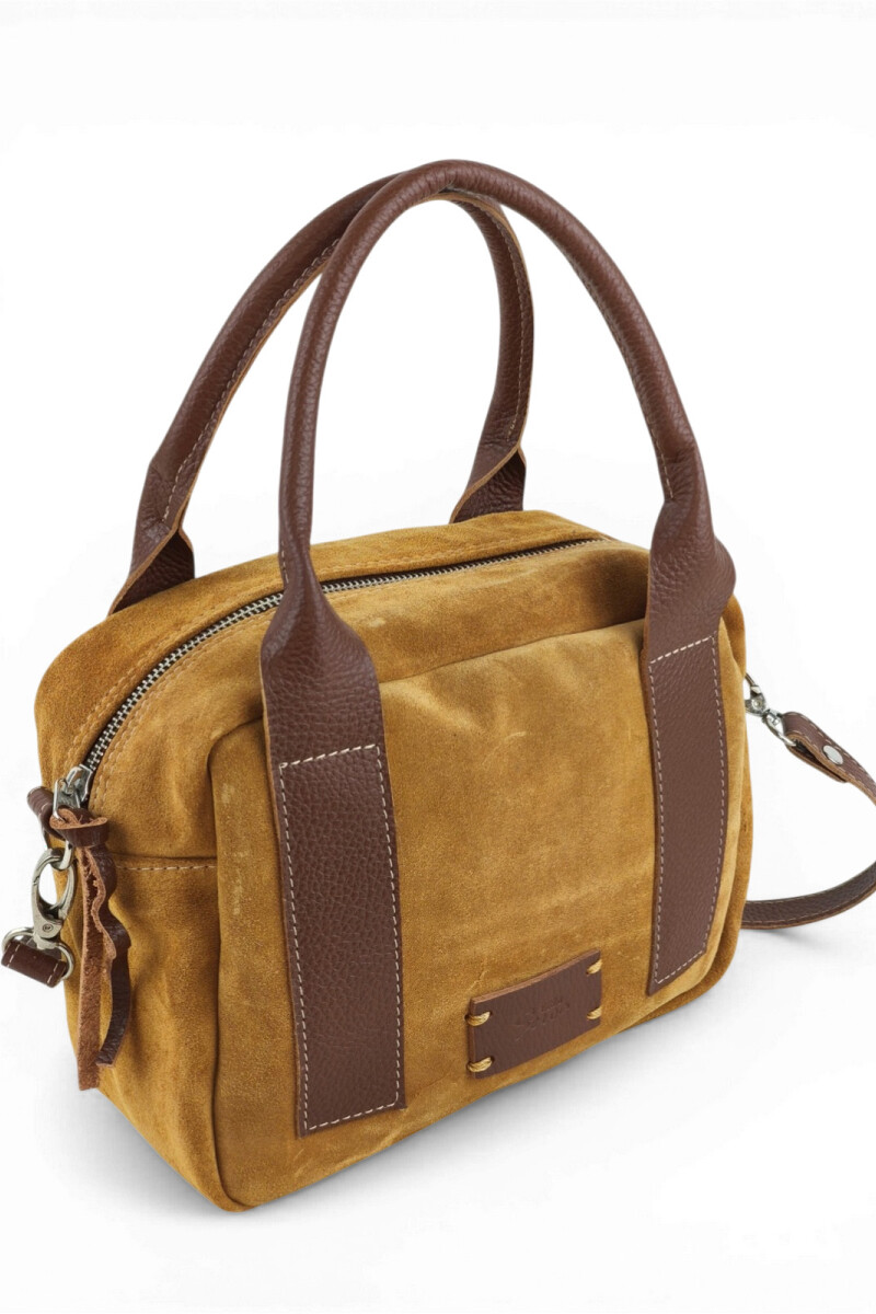 Cartera de Mano y Bandolera en Gamuza y Cuero Tostado