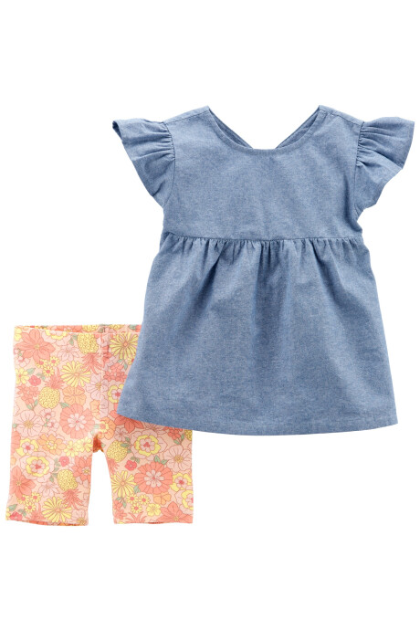Set dos piezas, short ciclista de algodón y blusa de chambray Sin color