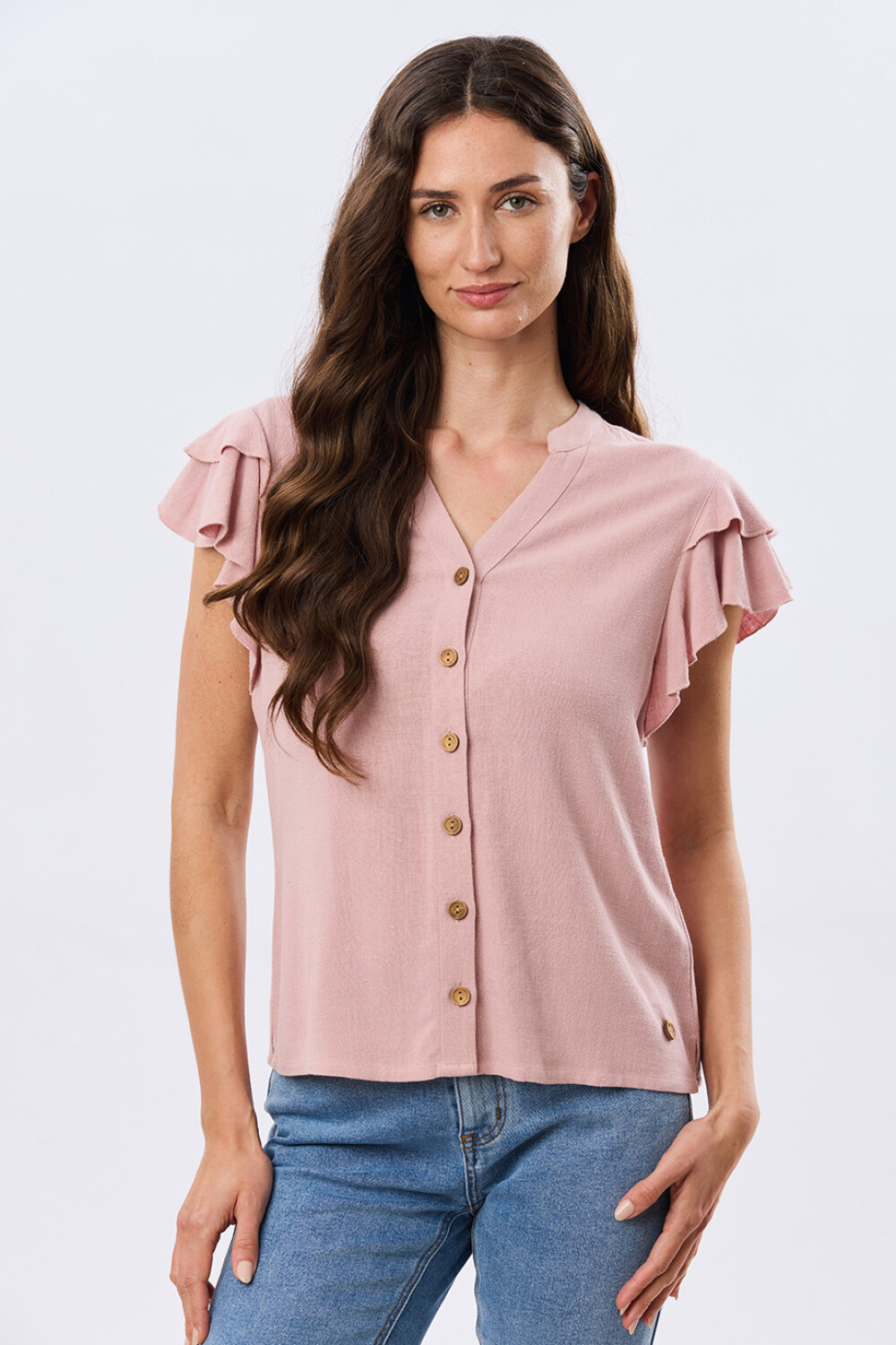 CAMISA DE LINO CON VOLADOS Rosa