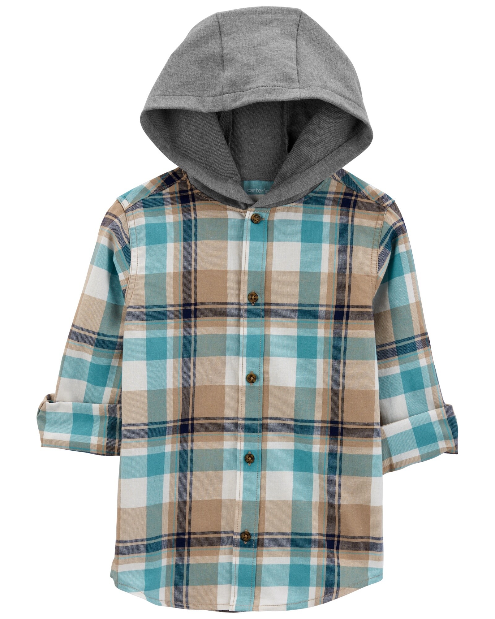 Camisa de sarga, con capucha, diseño a cuadros. Talles 6-8 Sin color
