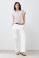 Camisa rayada manga corta beige