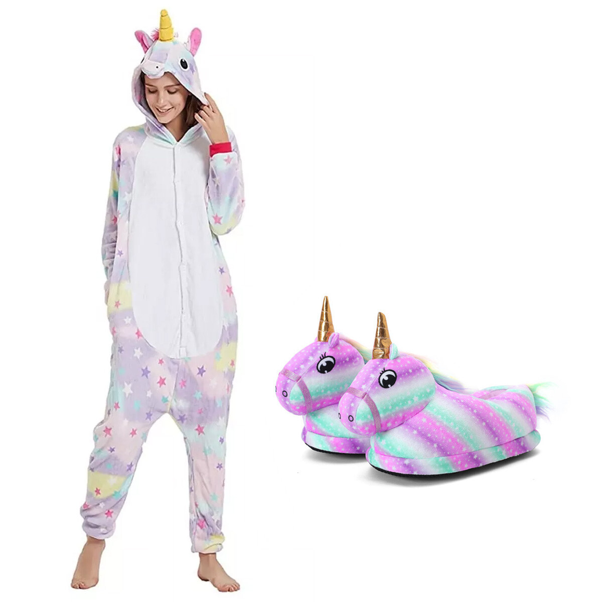 Set p/Adultos Diseño Unicornio con Pijama Entero + Pantuflas - Multicolor 