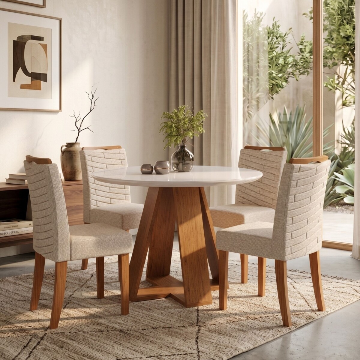 Juego De Comedor 4 Sillas Mesa Redonda - Celeste - Beige / Beige 