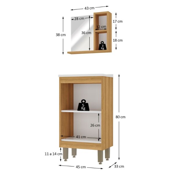 MUEBLE DE BAÑO 45 CM CON MESADA Y ESPEJO - MIEL/FUME MUEBLE DE BAÑO 45 CM CON MESADA Y ESPEJO - MIEL/FUME