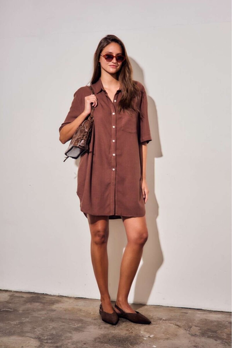 Vestido Camisero Con Lino - Marron 