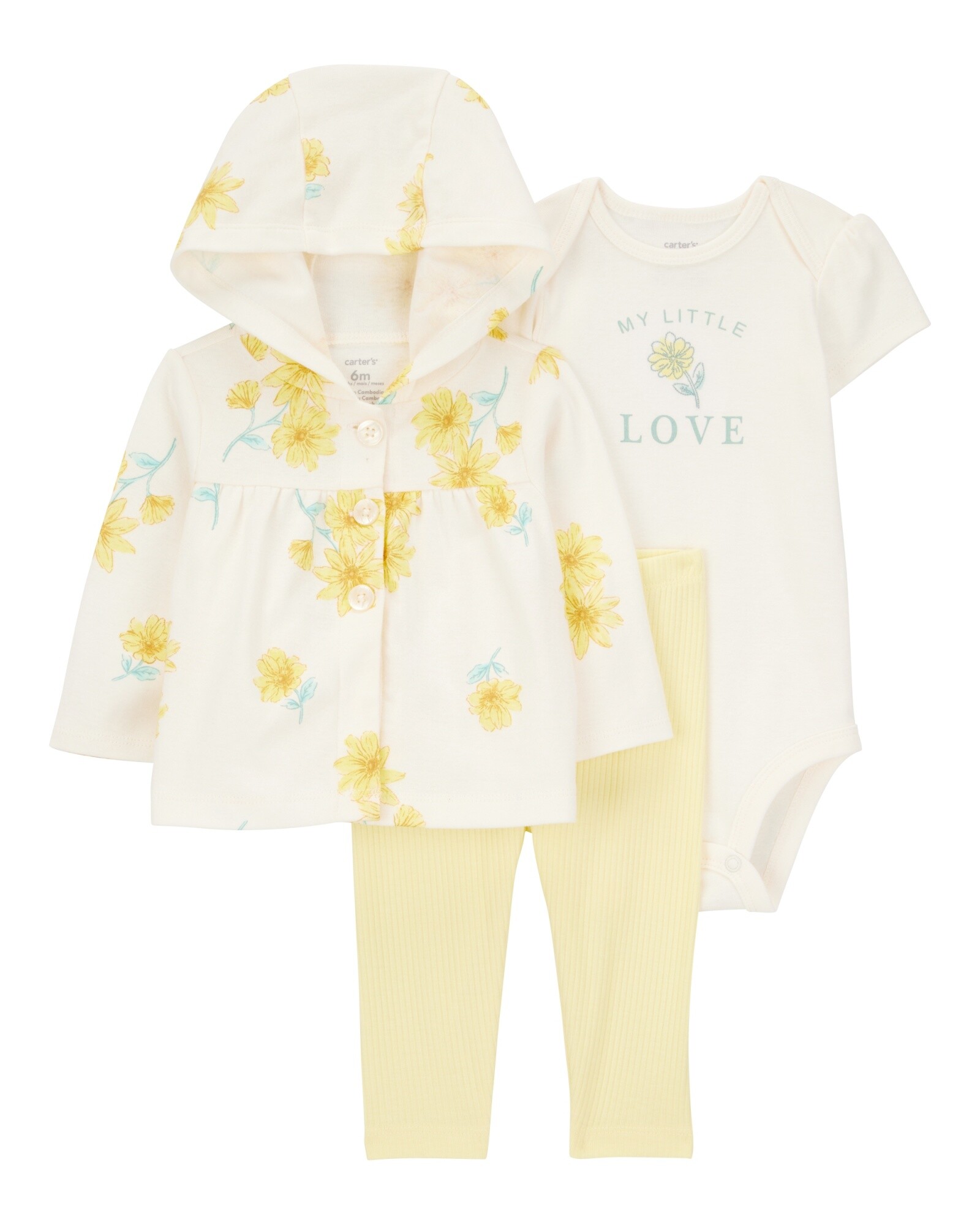 Set tres piezas de algodón, pantalón, saco con capucha y body, diseño floral Sin color