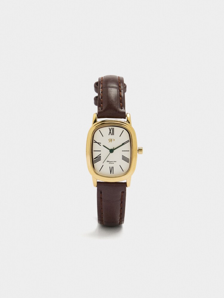Reloj Rectangular Con Pulsera Efecto Piel marron