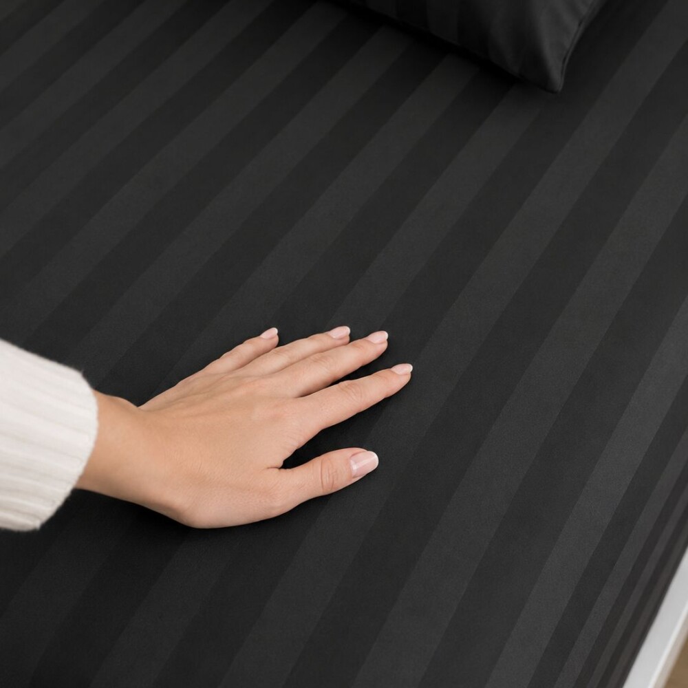 Juego de sábanas KING de tela a rayas Premium 400 hilos Negro