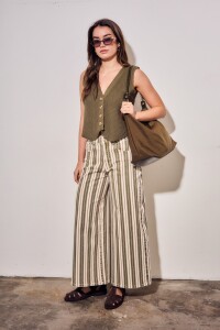 Jean Wide Leg Rayado Oliva Y Crema