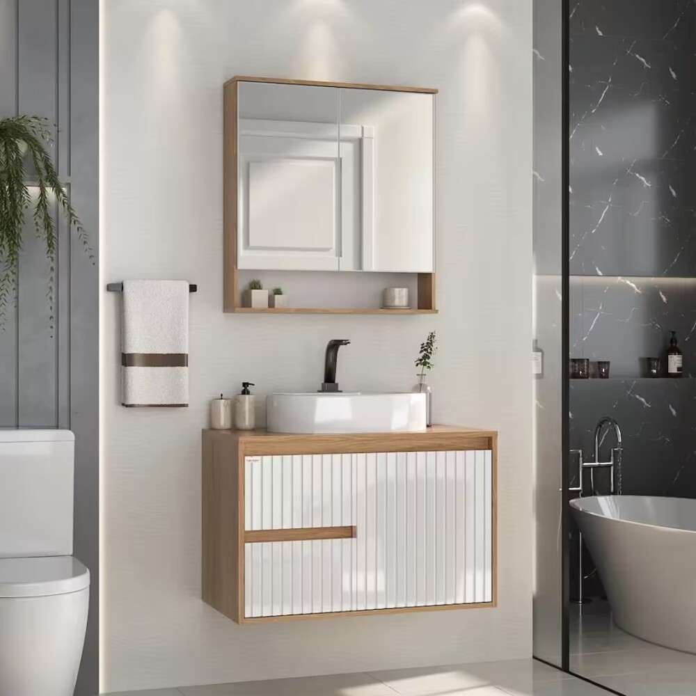 Mueble de baño suspendido Clarice 78 cm Blanco/Catedral con bacha Mueble De Baño Suspendido Clarice 78 Cm Blanco/catedral Con Bacha