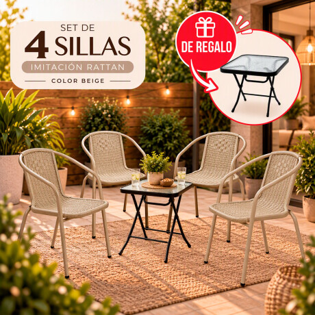 Promo Set de 4 Sillas de plastico con posabrazos imitacion rattan beige + Mesa plegable de metal y vidrio de regalo Promo Set de 4 Sillas de plastico con posabrazos imitacion rattan beige + Mesa plegable de metal y vidrio de regalo