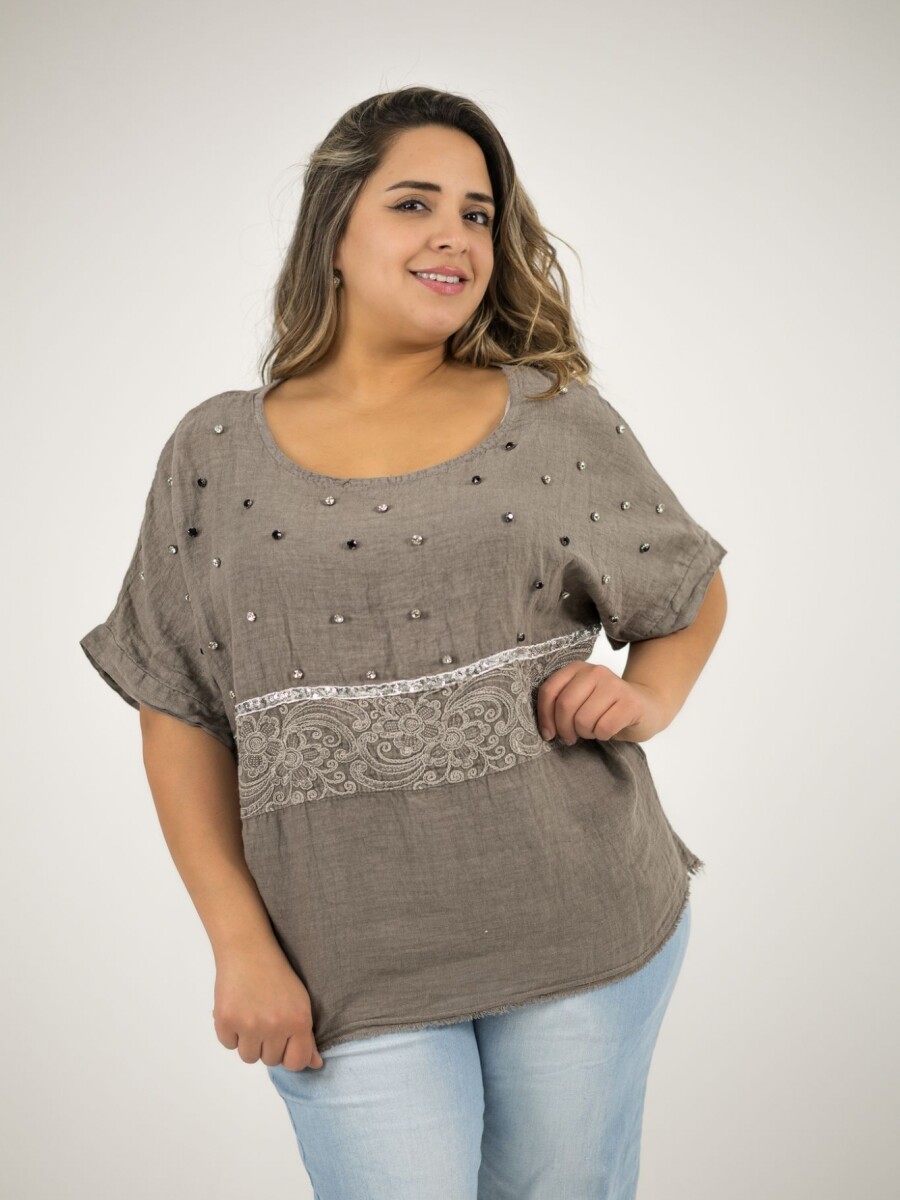Blusa 100% lino Con strass bordado y lentejuelas Visón