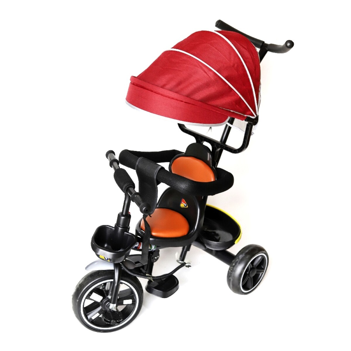 Triciclo Coche Infantil c/ Guía Volante y Capota Diseño Liso - Rojo 