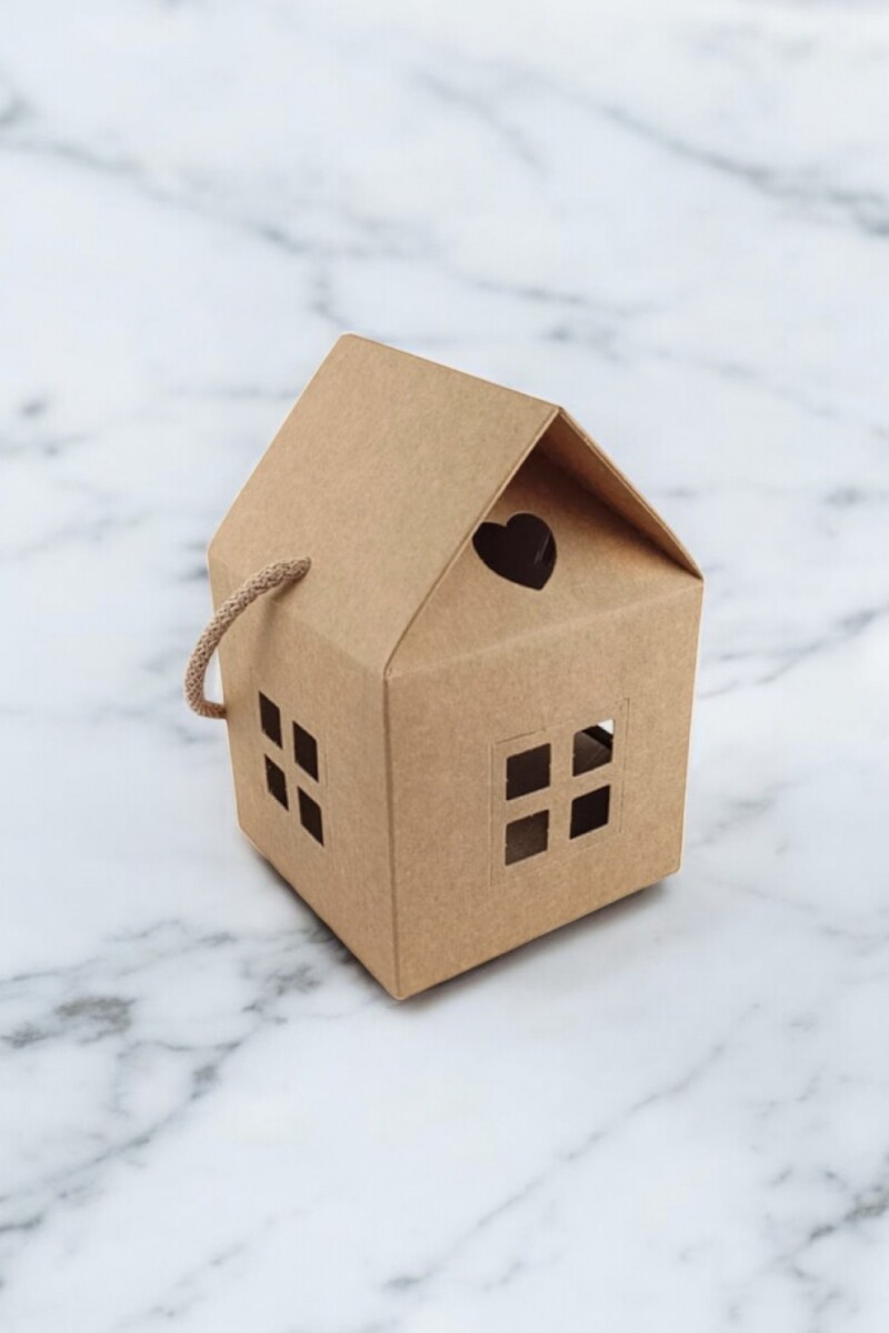 Caja casita c/cordon 10x10x9 cm. - KRAFT MARRON - MADERA 