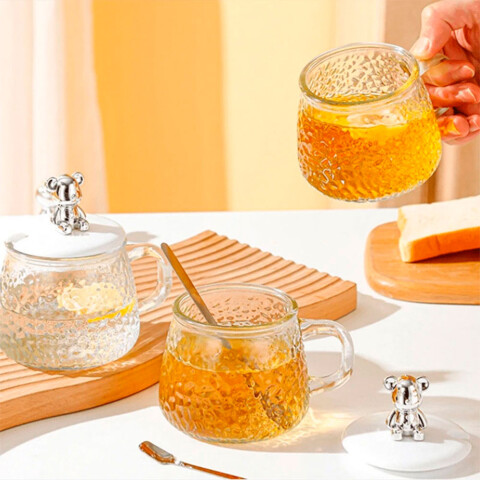Taza de vidrio c/tapa osito y cucharita 350ml (OW1001) Taza De Vidrio C/tapa Osito Y Cucharita 350ml (ow1001)