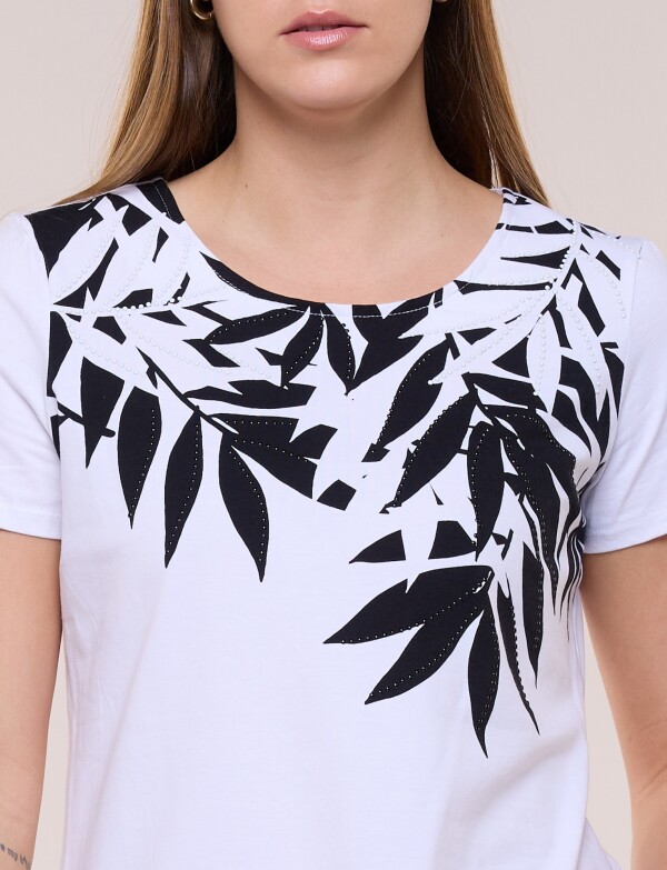Remera Algodón Con Aplique De Piedras BLANCO/NEGRO