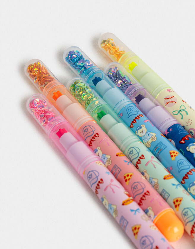 Resaltadores Lúdico Set De 6 Resaltores Con Lentejuelas En Punta De Estrella - Combinacion Multicolor