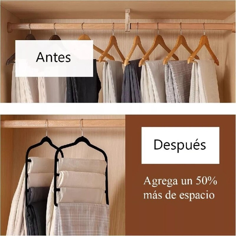 Set 3 perchas antideslizantes terciopelo con 5 divisiones Negro