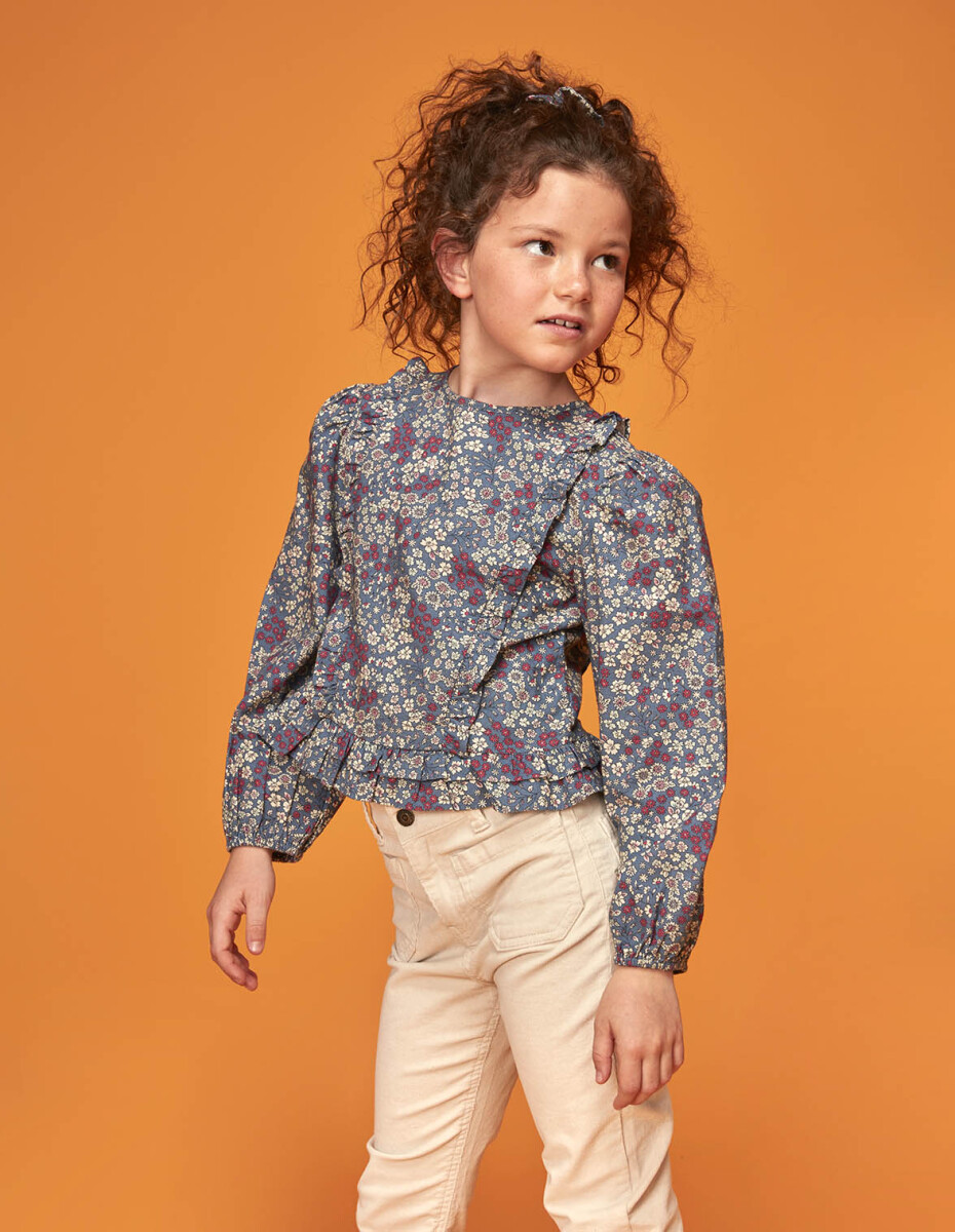 Blusa De Flores Con Tiras Fruncidas - Azul Viejo 