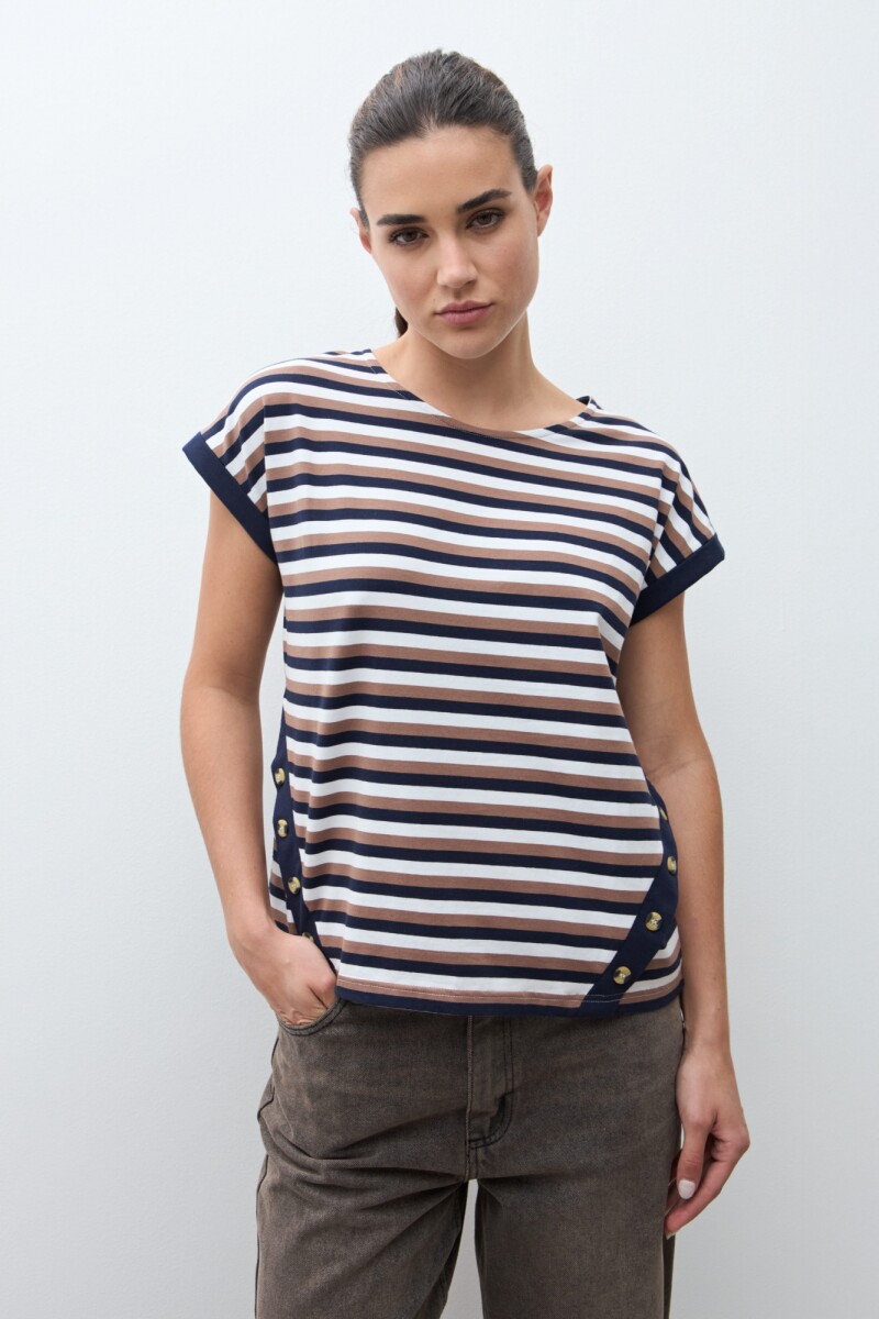 Remera rayada con botones azul marino