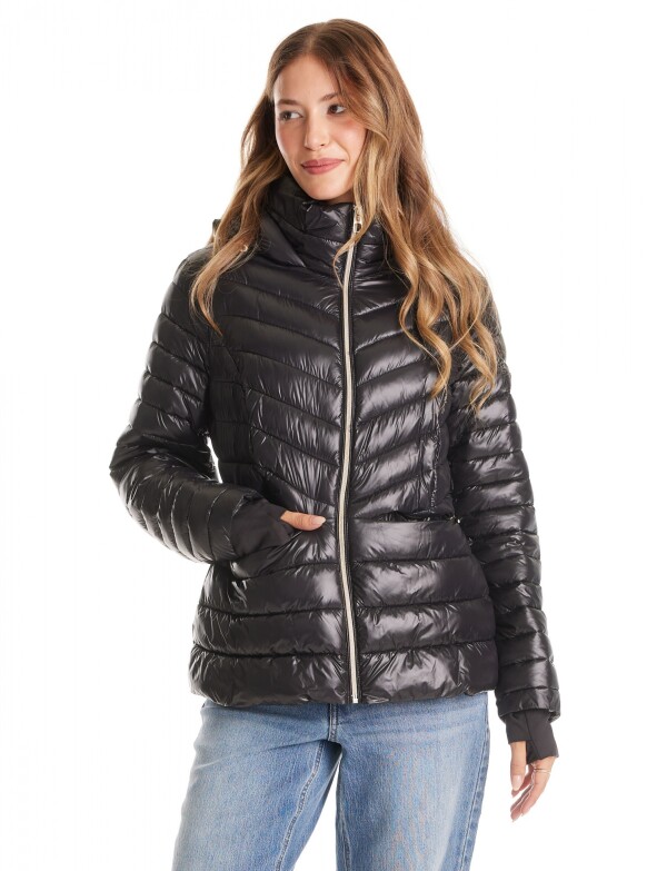 Campera Puffer Satinada Con Capucha Y Puños NEGRO