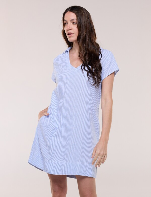 Vestido Corto Lino Cuello Camisa CELESTE
