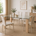 Juego De Comedor 4 Sillas Ecocuero Mesa De Vidrio Beige