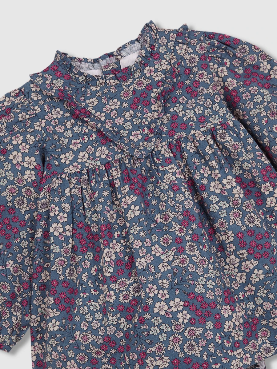 Vestido Flores Con Volante Azul Viejo