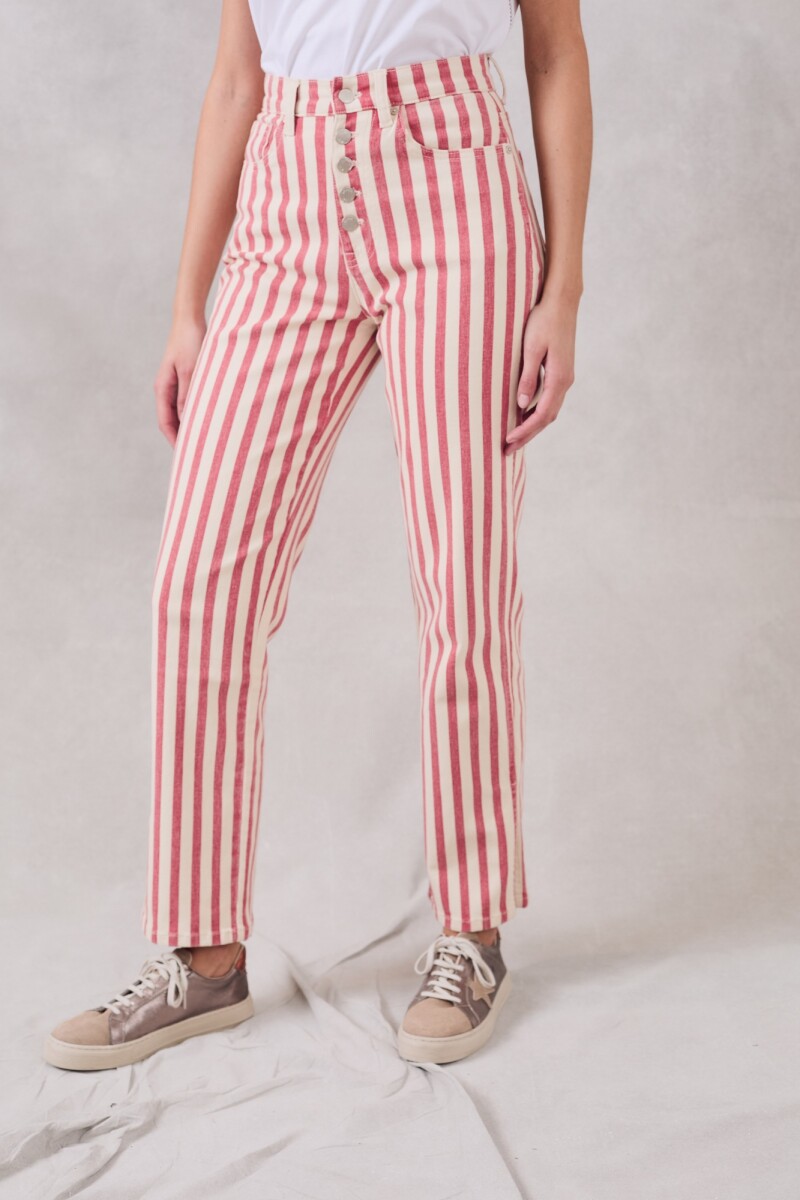 Jean Rayado Botones Rojo