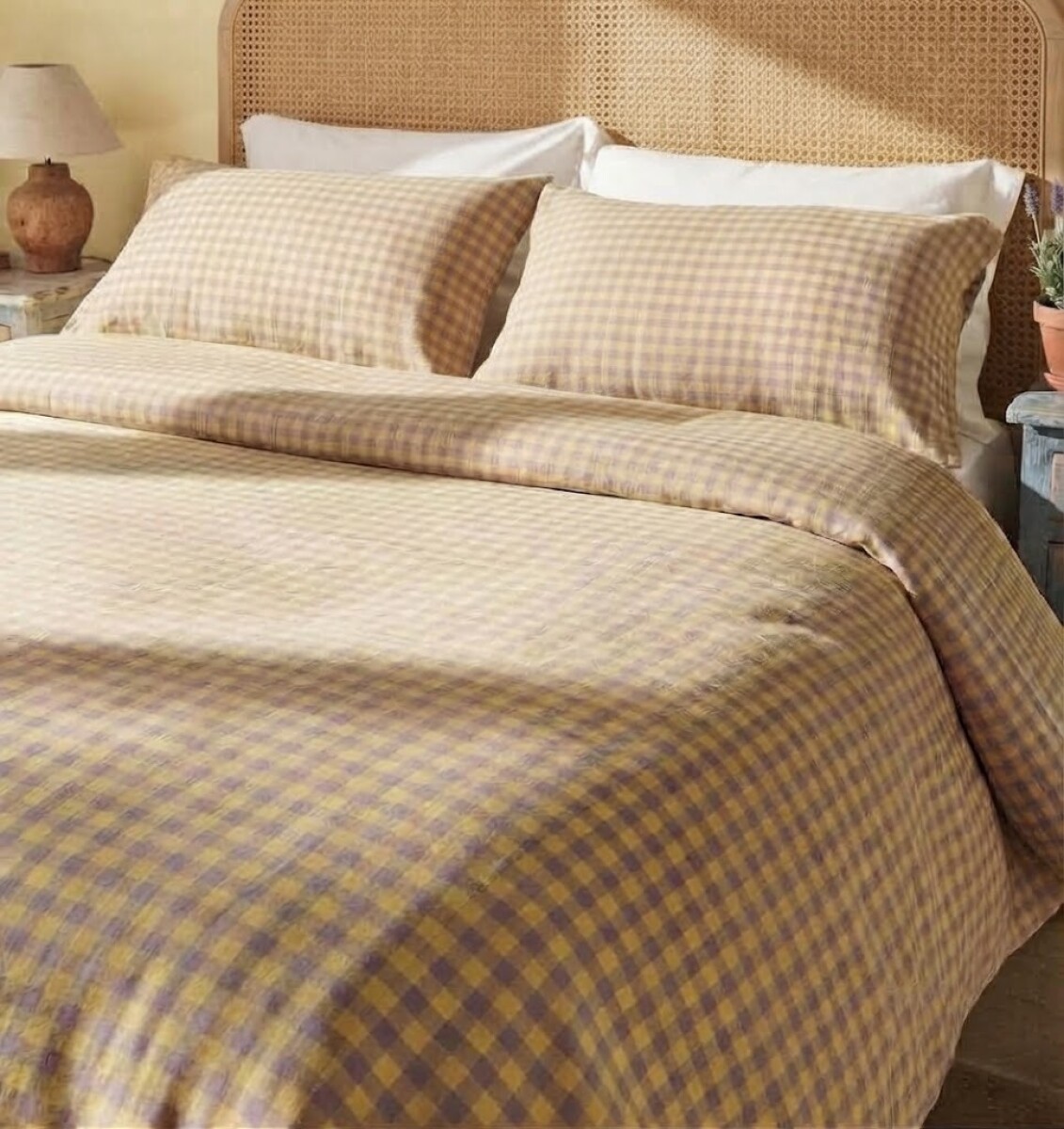 Funda nórdica de acolchado + 2 fundas de almohada de algodón Vichy Amarillo - King 
