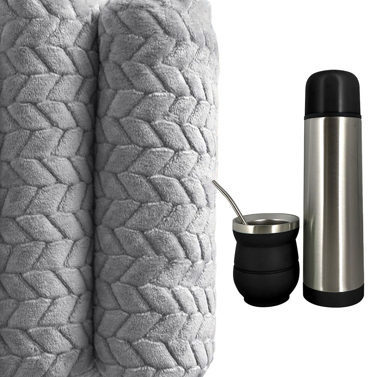 Set Invierno Manta Frazada Polar 2 Pza + Termo Mate Bombilla - Gris 