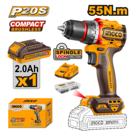 Taladro Atornillador INGCO a Bateria 20V P20S Brushless 55NM Incluye Bateria y Cargador