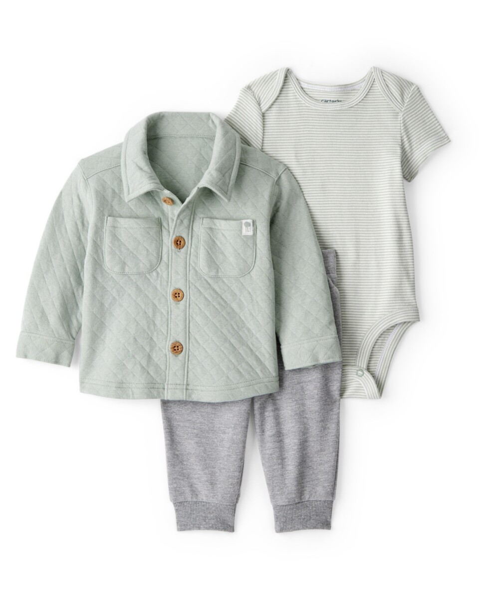 Set tres piezas de algodón, pantalón, camisa capitoneada y body 