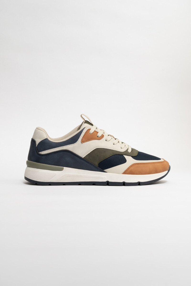 Zapatilla acordonada beige, y Azul