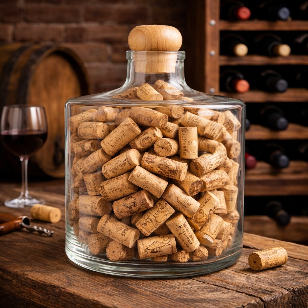 Botellon Cilindro en Vidrio Tradicional y Tapa en Madera 