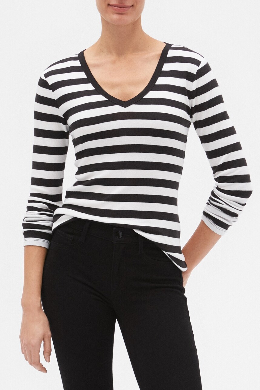Remera Manga Larga Cuello V A Rayas Mujer Black Stripe