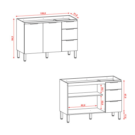 MUEBLE BAJO MESADA PARA COCINA SIN TAPA DOS PUERTAS TRES CAJONES DE 1.20CM SERIE VIV ALUMINIO KITS PARANA GAMAS DE BEIGE