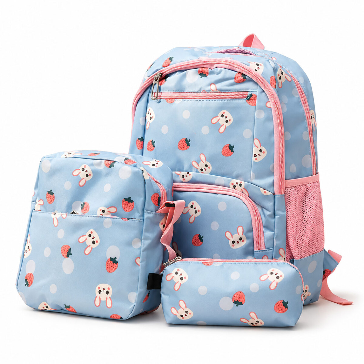 Set Mochila 3 Piezas Diseño Frutillitas Escolar Resistente - Celeste 