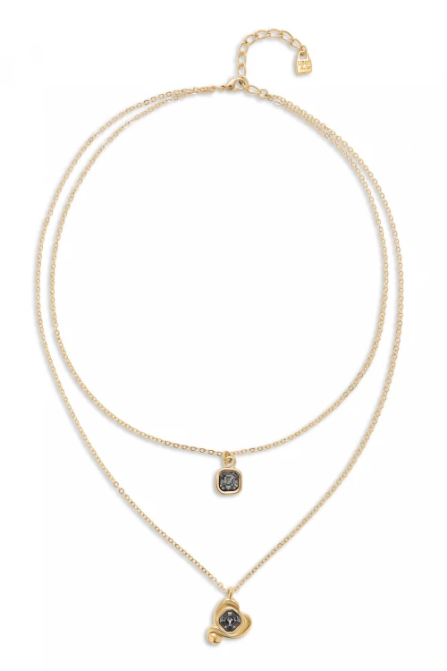 COLGANTE DE ALEACION DE METALES BAÑADO EN ORO 18K CON DOBLE CADENA Y CORAZON CON CRISTAL NEGRO Colgante